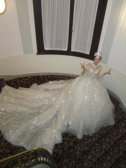 Shiny Ball Gown Long Sleeve Beaded Sequin White Tulle Prom Dress Wedding Dress DP4242