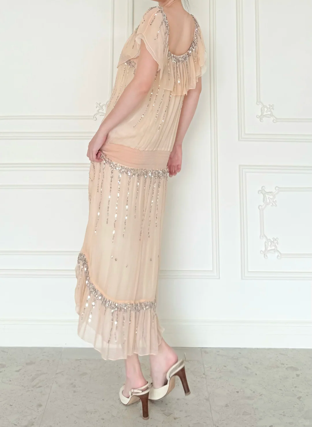 Vintage A Line Square Neck Sequin Chiffon Prom Dress Evening Dress DP6448