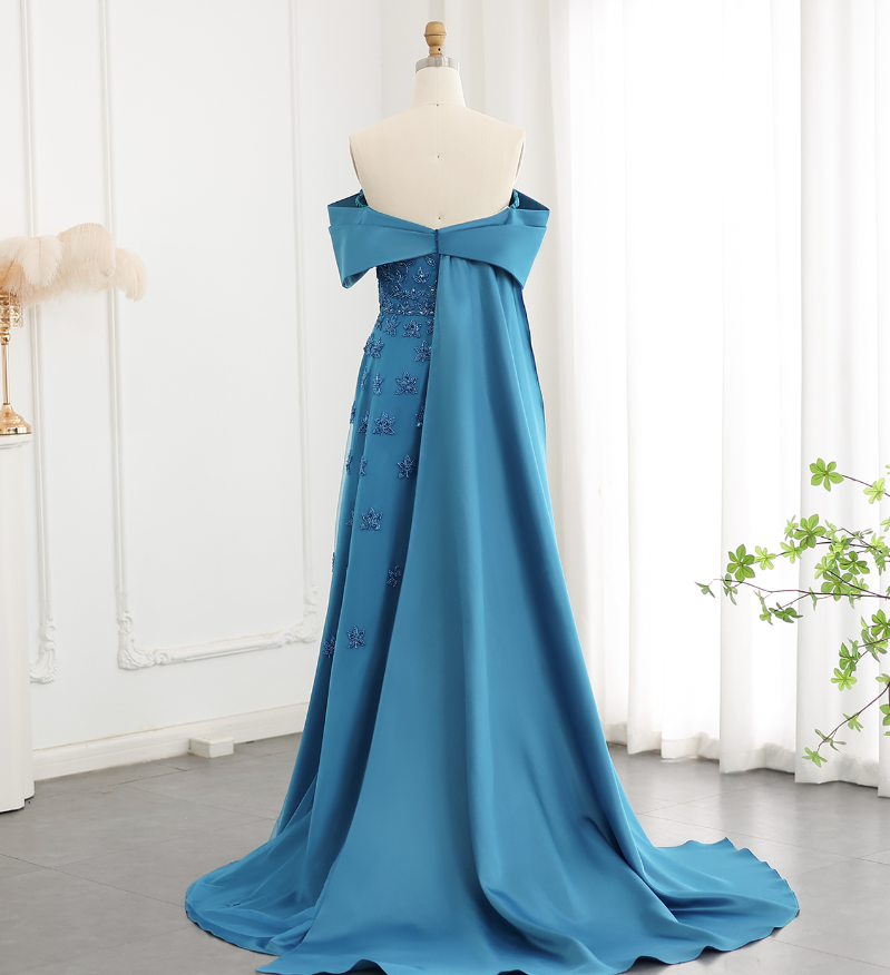 Elegant A Line Off the Shoulder Beaded Blue Satin Prom Dress Evening Dress DP1905