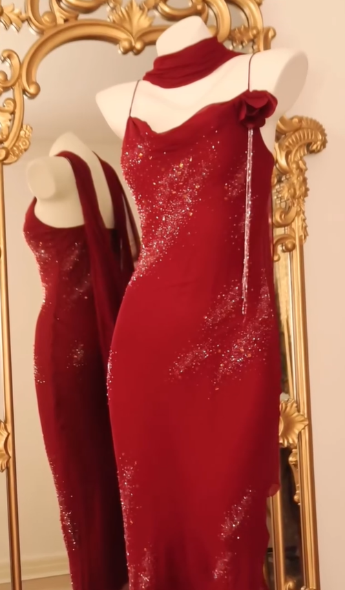 Burgundy Sheath Spaghetti Straps Beaded Chiffon Prom Dress Evening Dress DP3620