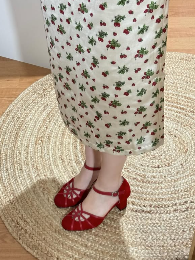 Cute Sheath Spaghetti Strap Printed Strawberry Satin Prom Dress Outfits DP4432