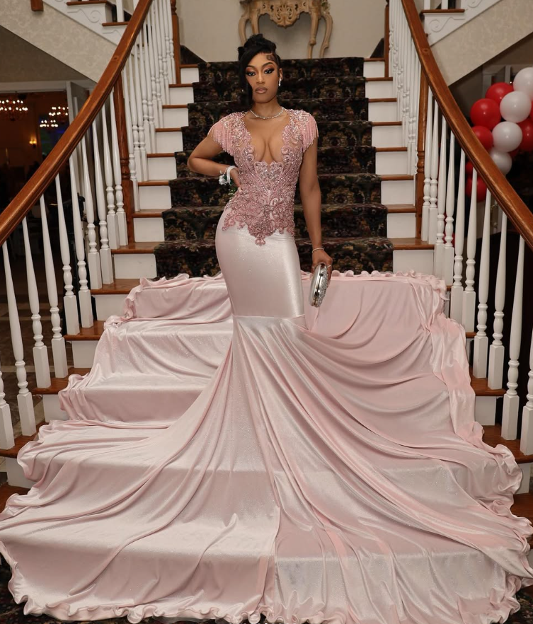 Gorgeous Mermaid V Neck Beaded Pink Satin Long Sweep Prom Dress Evening Dress DP1691