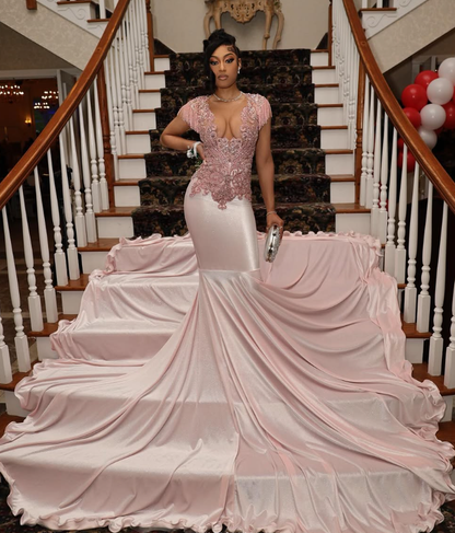 Gorgeous Mermaid V Neck Beaded Pink Satin Long Sweep Prom Dress Evening Dress DP1691