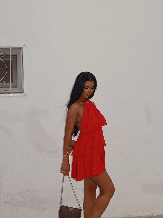 Cute A Line Halter Tiered Red Chiffon Short Homecoming Dress Birthday Dress DP1681