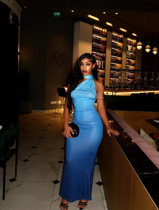 Uniques Sheath Halter Ombre Blue Satin Prom Dress Evening Dress DP1913