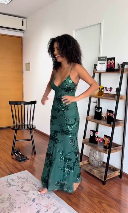 Shiny Green Sequin Mermaid Spaghetti Strap Chiffon Long Party Dress Evening Dress DP3015