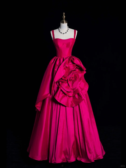 Barbie Pink A Line Spaghetti Strap Flower Satin Long Prom Dress Evening Dress DP2129