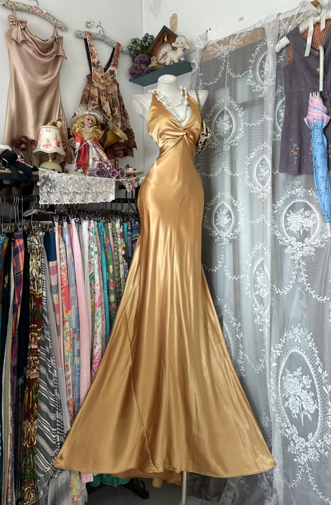 Gold Mermaid V Neck Satin Open Back Prom Dress Evening Dress DP5411