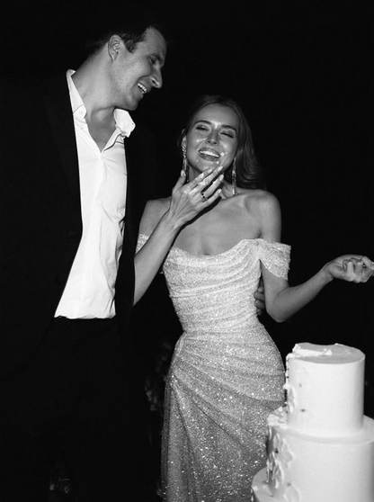 Elegant White A Line Off the Shoulder Sequin Prom Dress with Slit DP4416