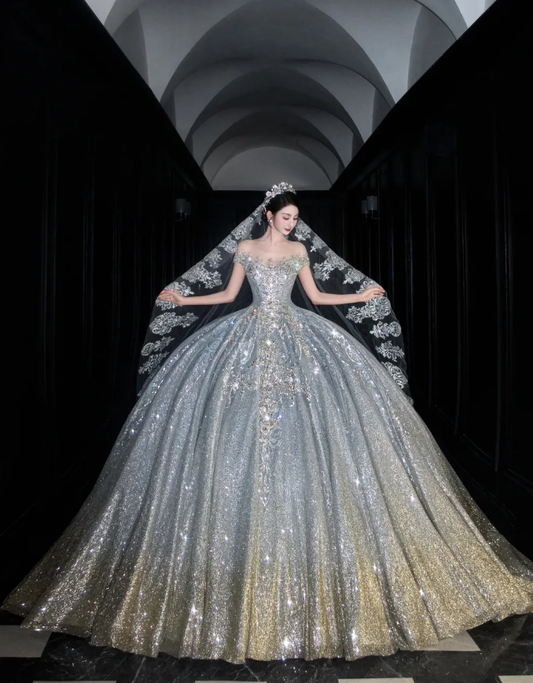 Shiny Rhinestone Beaded Silver Sequin Ball V Neck Prom Dress Evening Dress Party Dress DP3098