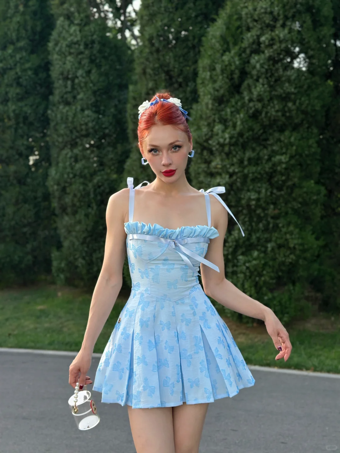Blue A Line Spaghetti Strap Print Floral Satin Party Dress Homecoming Dress DP3735