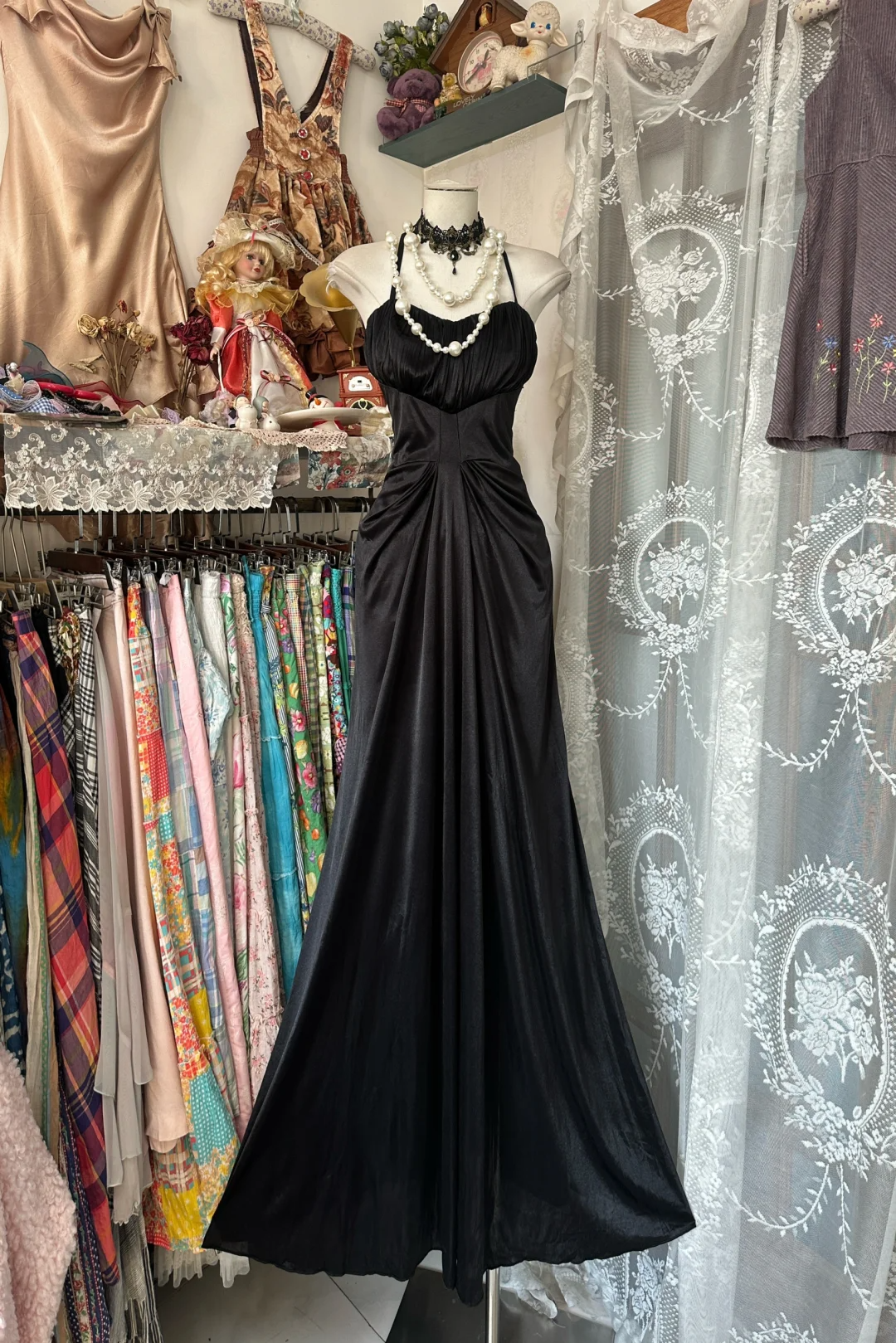 Black Vintage Mermaid Halter Satin Open Back Prom Dress DP4850