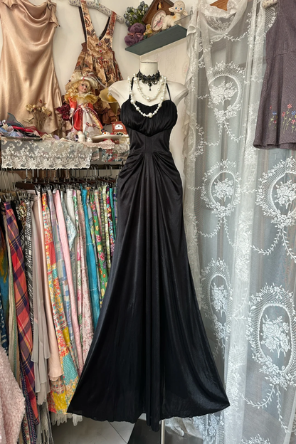Black Vintage Mermaid Halter Satin Open Back Prom Dress DP4850