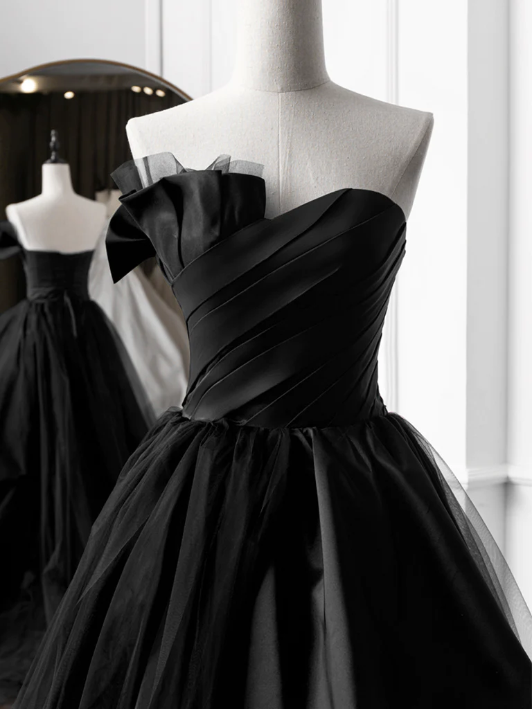 Black Strapless Satin Tulle Pleated Prom Dress Long Evening Dress DP044