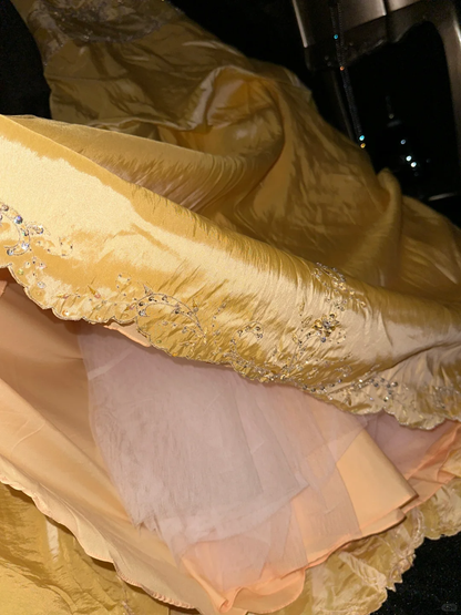 Bright Yellow A Line Strapless Beaded Satin Prom Dress Party Evening Dress DP5343