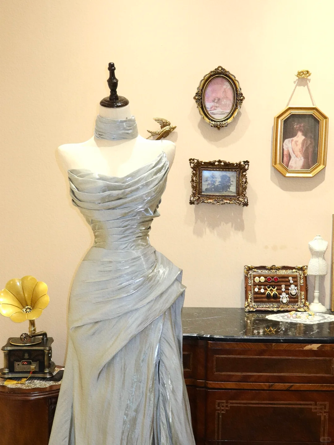 Grey A Line Strapless Pleated Satin Long Prom Dress Evening Dress DP6989
