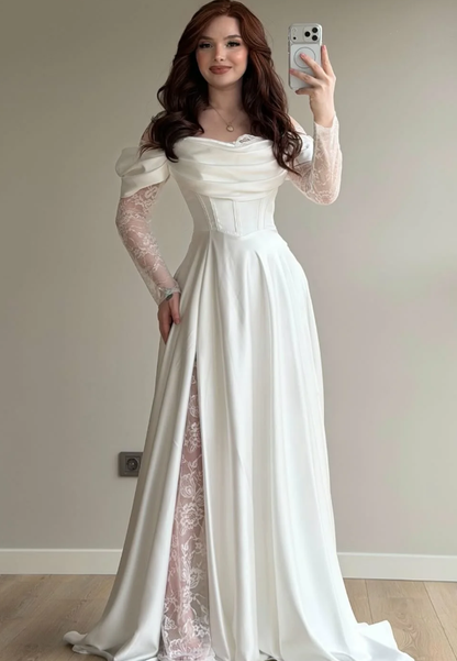 Elegant White A Line Long Sleeve Lace Satin Prom Dress DP5022