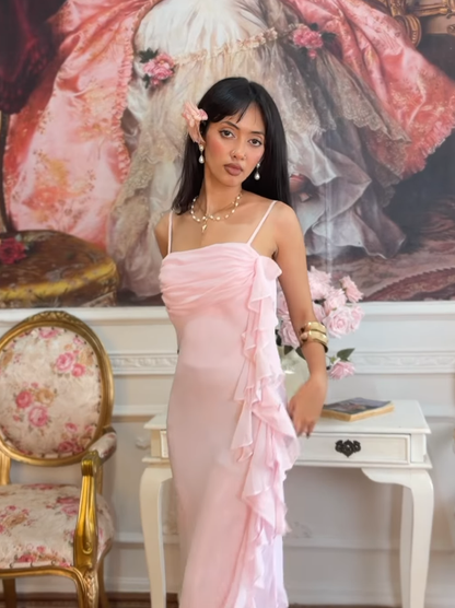 Pink Sheath Straps Ruffle Chiffon Long Prom Dress Evening Dress DP5126