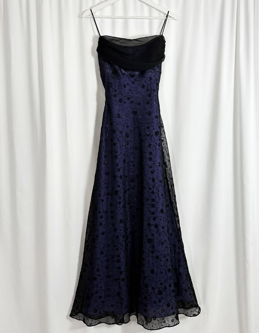 Vintage Exquisite Black Beaded A Line Spaghetti Strap Purple Satin Prom Dress Evening Dress Date Dress DP3037