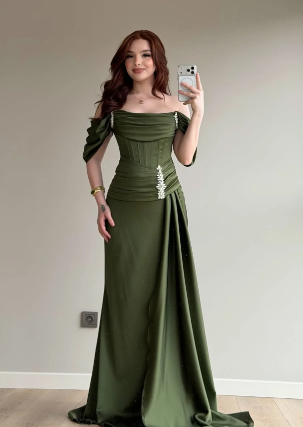 Elegant Olive Green A Line Off the Shoulder Satin Prom Dress Date Dress DP5089