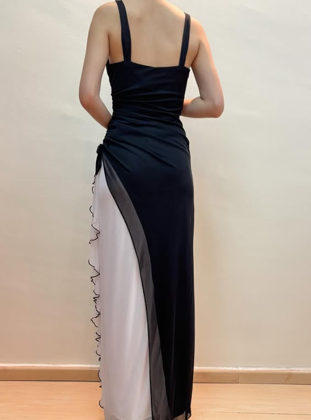 Vintage Black-white A Line Straps Chiffon Prom Dress Evening Dress Date Dress DP5271