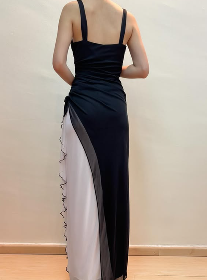 Vintage Black-white A Line Straps Chiffon Prom Dress Evening Dress Date Dress DP5271