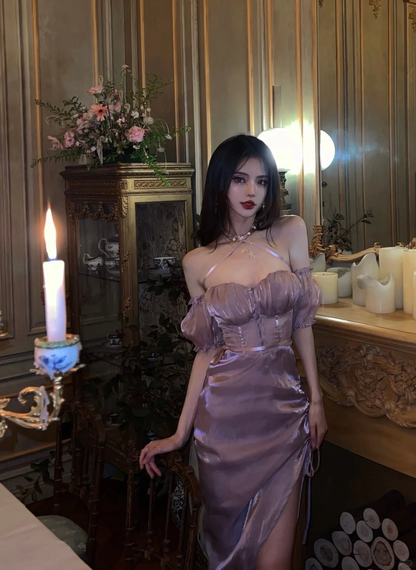 Gentle Purple Sheath Off the Shoulder Satin Homecoming Dress Cocktail Dress DP3137