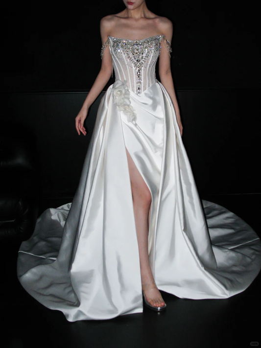 Shiny A Line Straps Rhinestone White Satin Long Wedding Dress with Slit DP8084