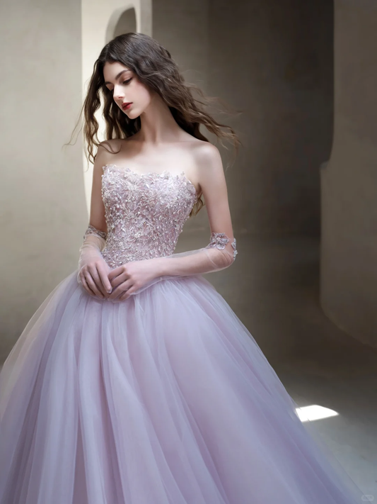 Lilac A Line Sweetheart Neck Beaded Tulle Long Date Dress Prom Dress Evening Dress DP3433