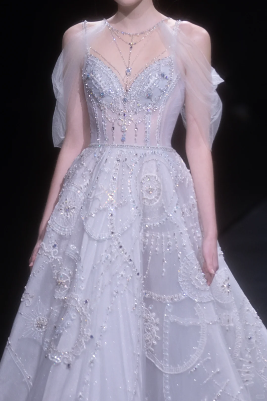 2025 Elegant A Line Off the Shoulder Beaded Tulle Prom Dress Evening Dress DP2797