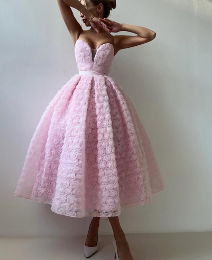 Sweety Pink A Line Sweetheart Neck 3D Floral Tulle Prom Dress Party Dress DP6121