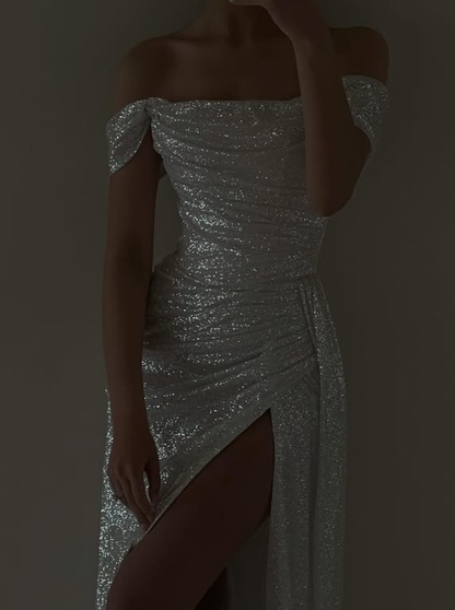 Elegant White A Line Off the Shoulder Sequin Prom Dress with Slit DP4416