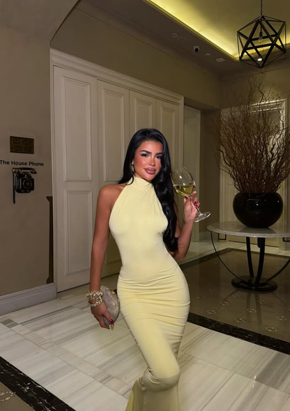 Yellow Backless Sheath Halter Satin Long Prom Dress Evening Dress DP8175