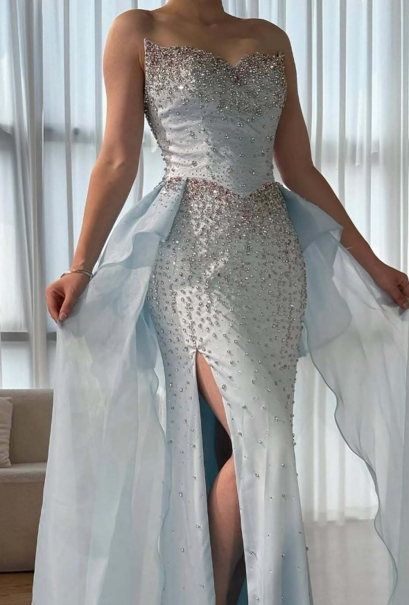 Baby Blue Sheath Sweetheart Neck Beaded Satin Tulle Long Prom Dress Evening Dress DP4334