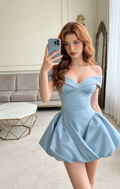 Blue Tulip Dress A Line Off the Shoulder Satin Short Homecoming Dress Cocktail Dress DP5044