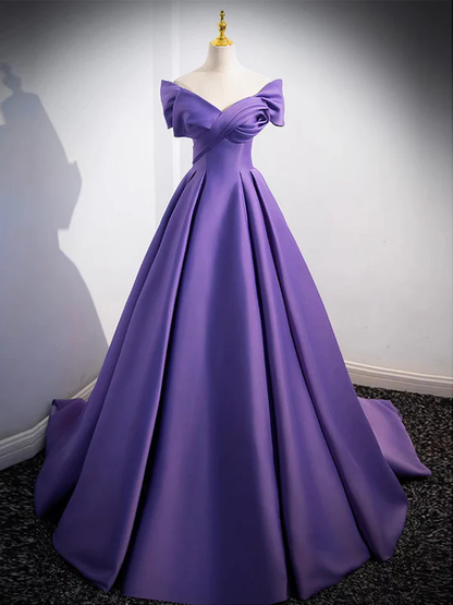 Purple Off Shoulder Satin Ball Gown Prom Dress DP531