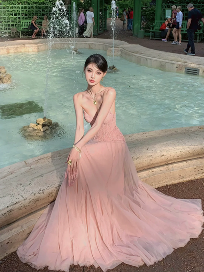Gentle A Line Strapless Pink Lace Tulle Long Prom Dress Party Dress DP3965
