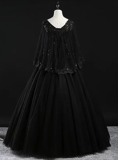 Beautiful Black Tulle With Lace Appliques Beaded Sweet 16 Dress Long Formal Prom Dress DP607