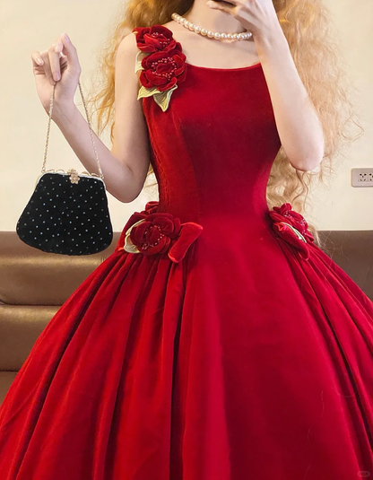 Red Ball Gown Straps Floral Velvet 16th Birthday Dress Party Dress Quinceanera Dress DP4093