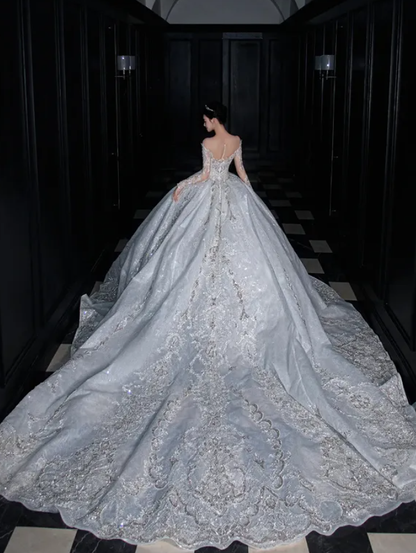 Dreamy Gray Ball Gown Lace Sequin Beaded Unique Long Sweep Wedding Dress DP5051
