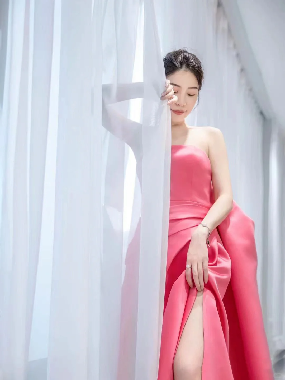 Cute A Line Strapless Bow Pink Satin Long Party Dress Birthday Dress with Slit DP2425