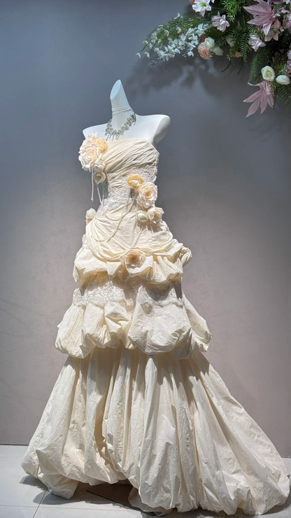 Princess Ivory Ball Gown Off the Shoulder Layered Satin Long Prom Dress 16th Birthday Dress DP5389