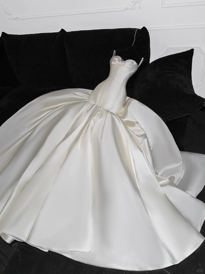 Elegant Mermaid Sweetheart Neck Pearl White Satin Long Sweep Wedding Dress DP2561