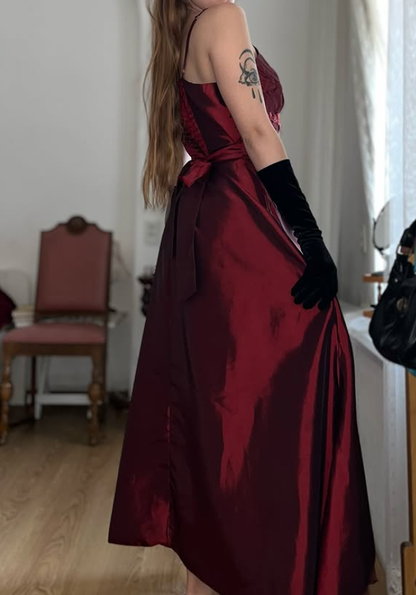 Vintage A Line Straps Appliques Burgundy Satin Prom Dress Evening Dress DP5722