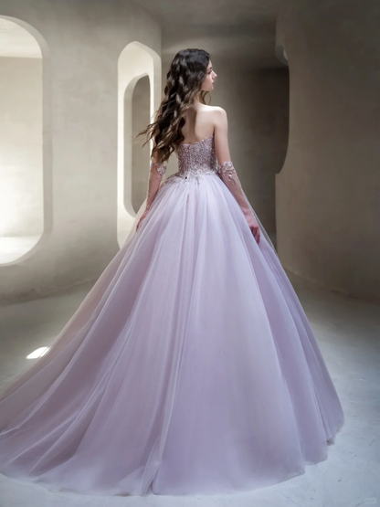 Lilac A Line Sweetheart Neck Beaded Tulle Long Date Dress Prom Dress Evening Dress DP3433