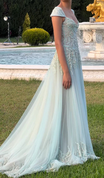 Baby Blue A Line Exquisite Beaded Tulle Prom Dress Wedding Guest Dress DP5741