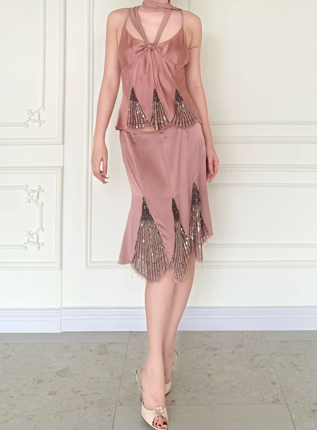 Vintage Two Piece Exquisite Beaded Pink Satin Short Prom Dress Homecoming Dress DP5163