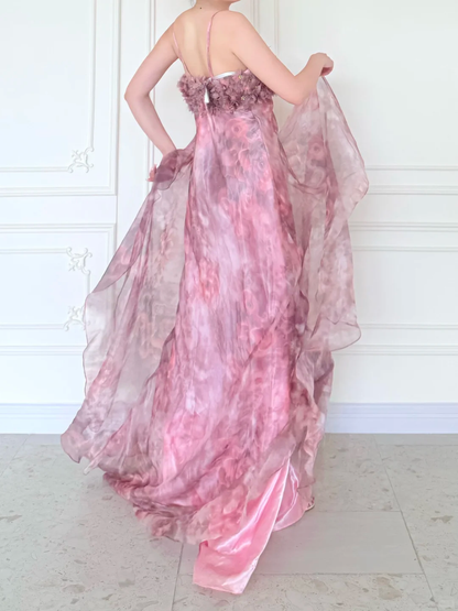 Pink Print Floral A Line Straps Chiffon Long Prom Dress Evening Dress DP5471