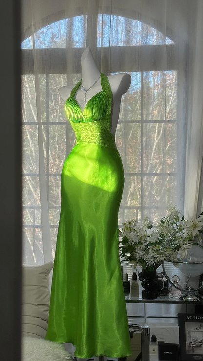 Vintage Charming Mermaid Halter Green Beaded Satin Open Back Long Prom Dress DP4716