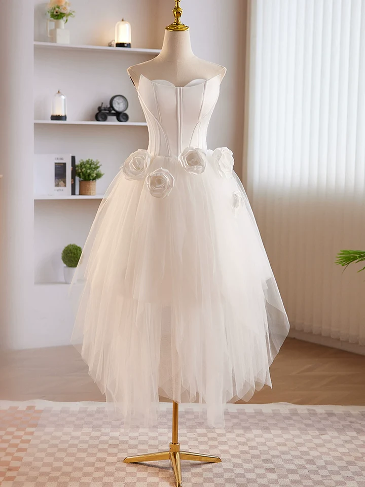 Unique White Tulle Satin Homecoming Dress Mini Prom Dress DP048